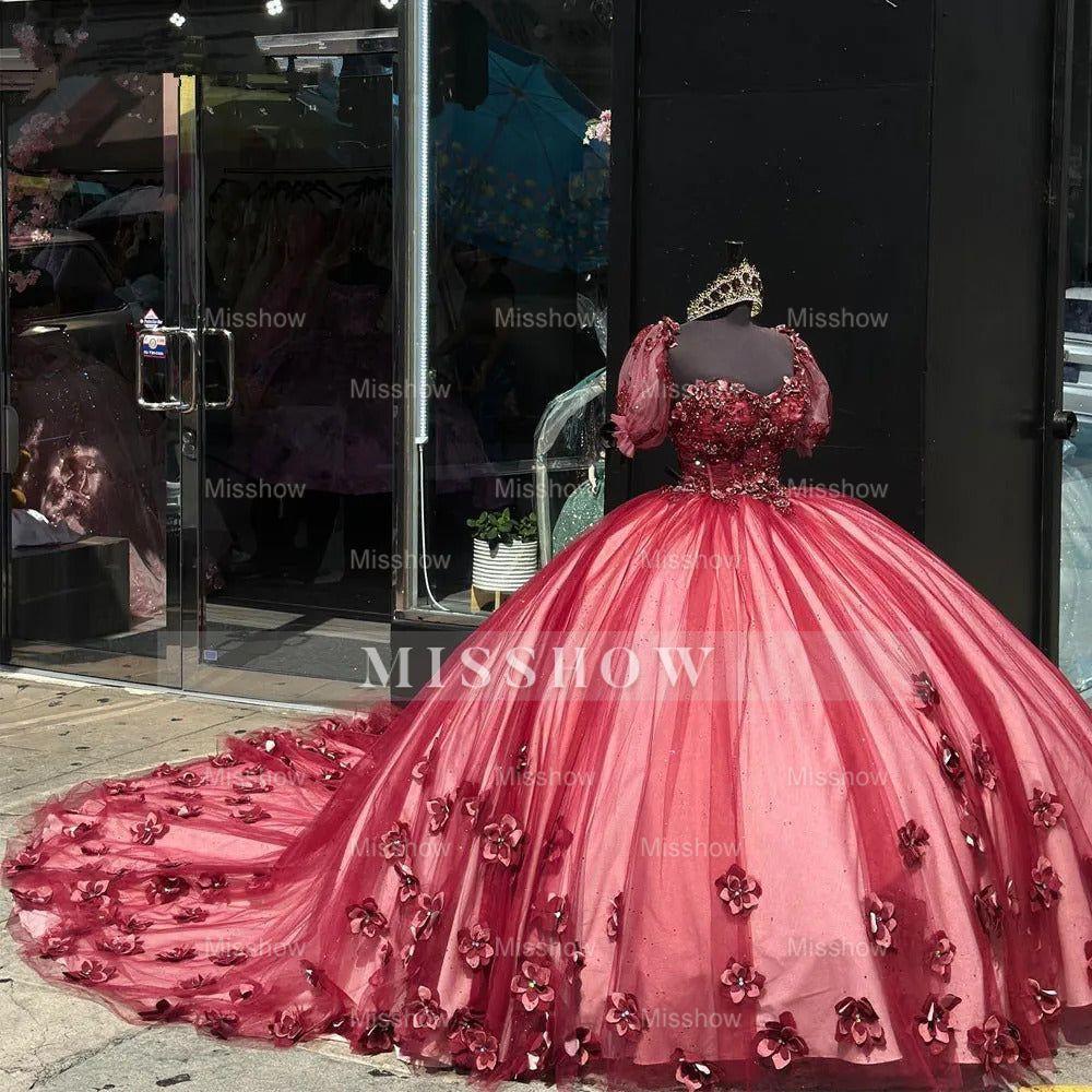 Red Sweetheart Cap Sleeve 3D Floral Beaded Rhinestone Ball Gown Quinceanera Gown