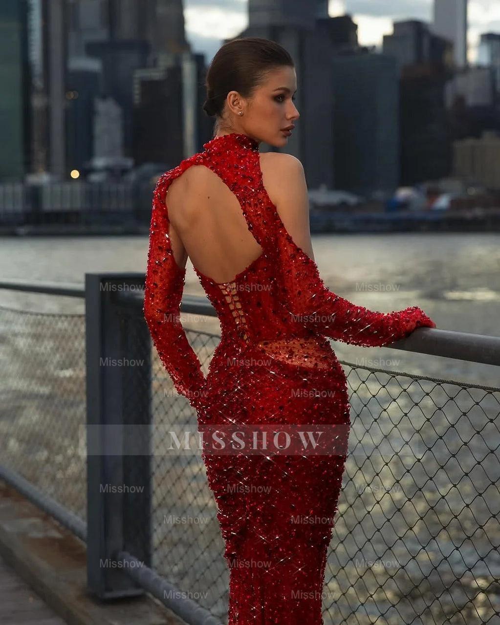 Red Sweetheart Detached Long Sleeves Mermaid Sequined Evening Dress Floor Length