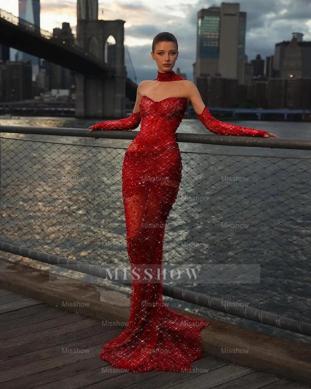 Red Sweetheart Detached Long Sleeves Mermaid Sequined Evening Dress Floor Length