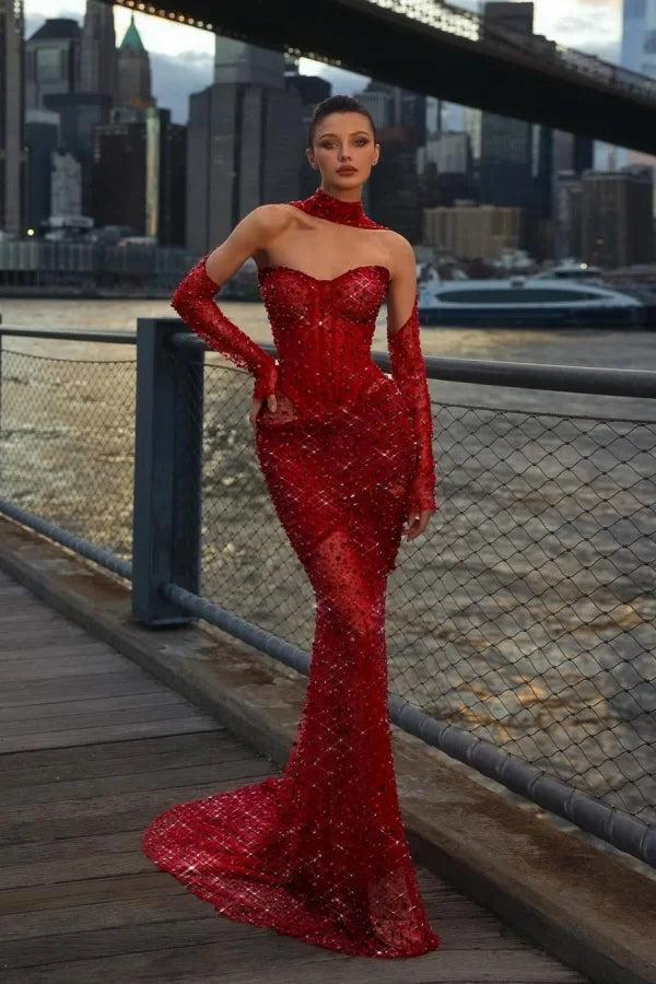 Red Sweetheart Detached Long Sleeves Mermaid Sequined Evening Dress Floor Length