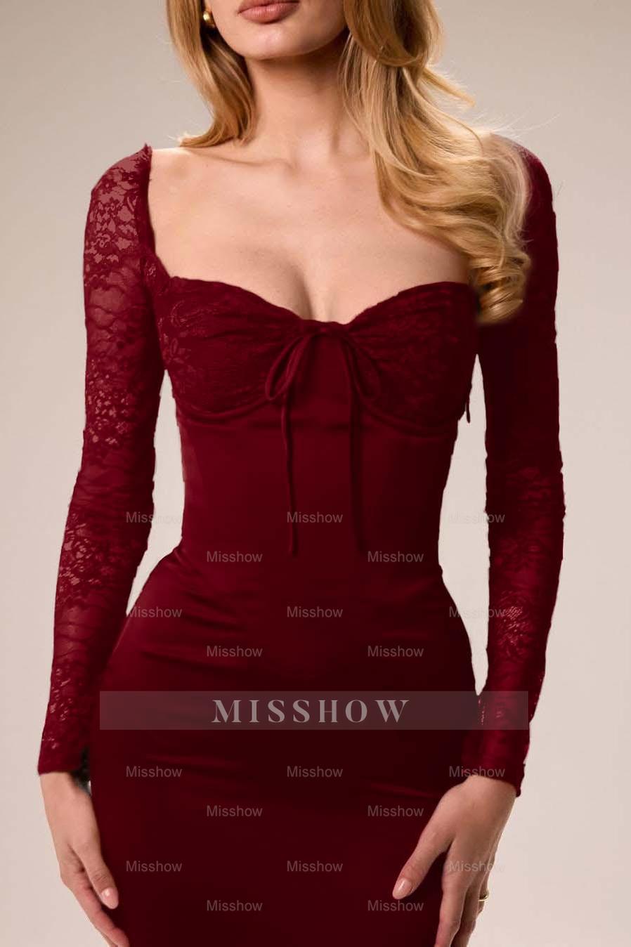 Red Sweetheart Long Sleeves Lace Bodycon Satin Floor Length Formal Evening Dress