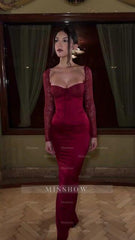 Red Sweetheart Long Sleeves Lace Bodycon Satin Floor Length Formal Evening Dress