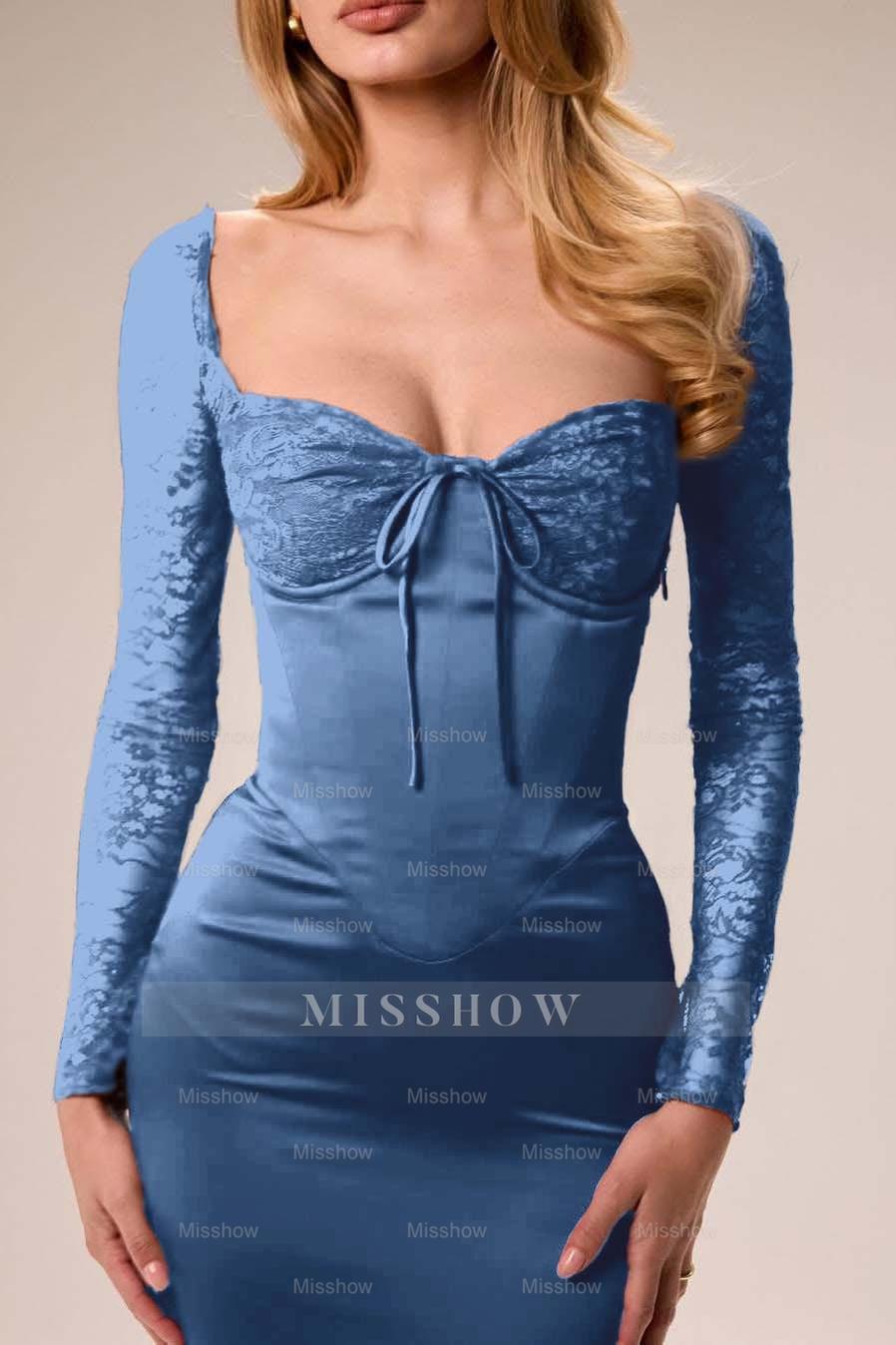 Red Sweetheart Long Sleeves Lace Bodycon Satin Floor Length Formal Evening Dress