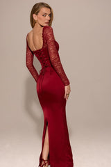 Red Sweetheart Long Sleeves Lace Bodycon Satin Floor Length Formal Evening Dress