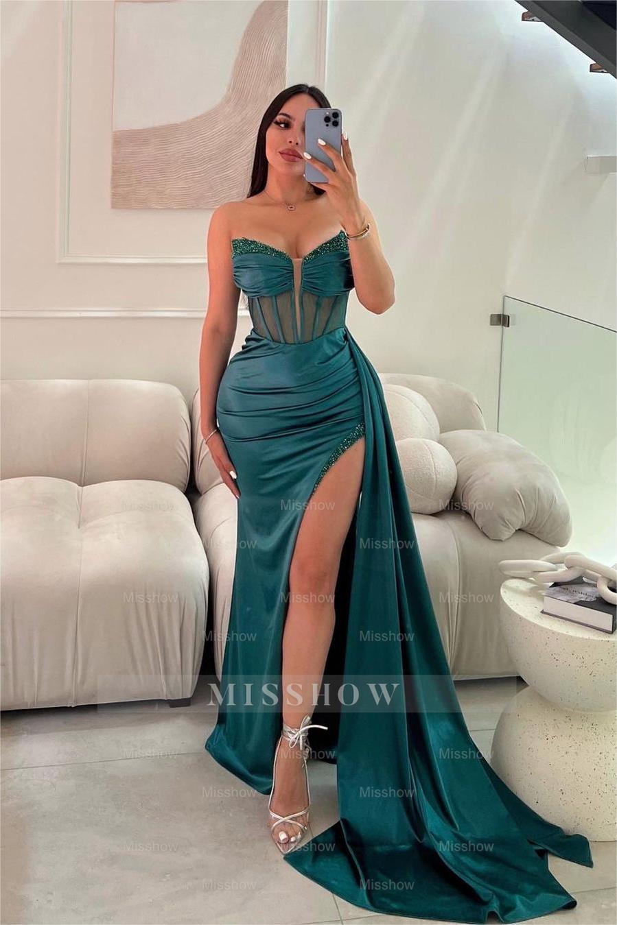 Red Sweetheart Sleeveless Corset Beaded Rhinestone Mermaid Satin Slit Floor Evening Gown