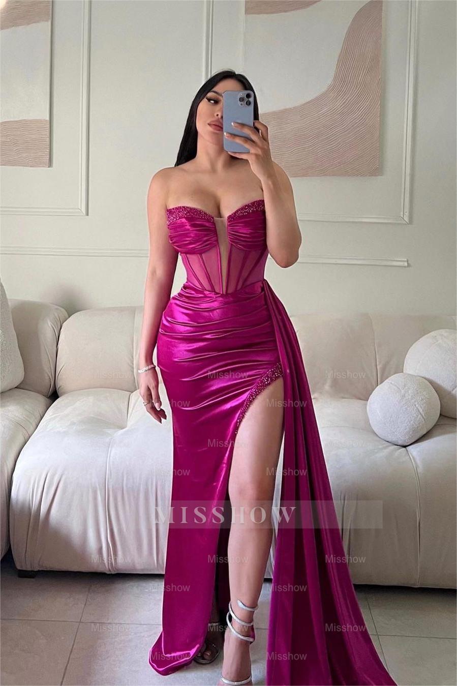 Red Sweetheart Sleeveless Corset Beaded Rhinestone Mermaid Satin Slit Floor Evening Gown