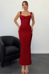 Red Sweetheart Sleeveless Open Back Bow Ruffled Satin Bodycon Floor Formal Evening Dress