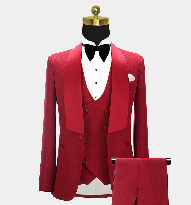 Red Three Pieces Fashion Shawl Lapel Wedding Groom’s Suits