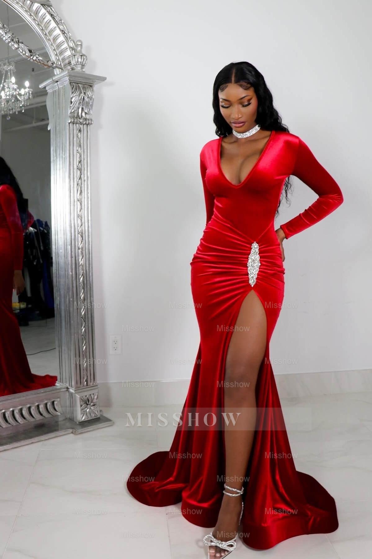 Red V-Neck Long Sleeve Rhinestone Ruched Mermaid Velvet Floor Length Evening Gown