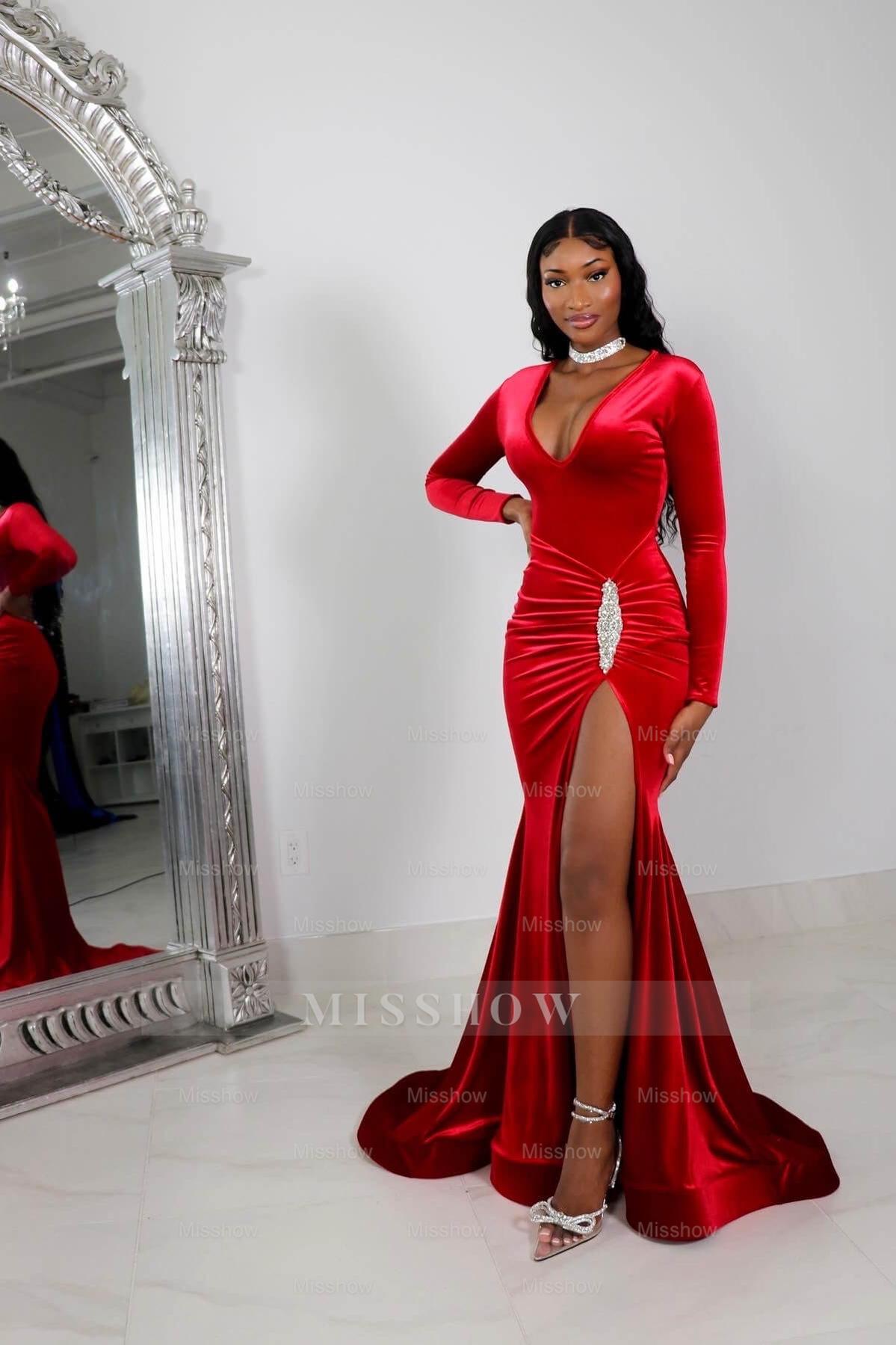 Red V-Neck Long Sleeve Rhinestone Ruched Mermaid Velvet Floor Length Evening Gown