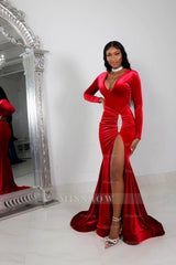 Red V-Neck Long Sleeve Rhinestone Ruched Mermaid Velvet Floor Length Evening Gown