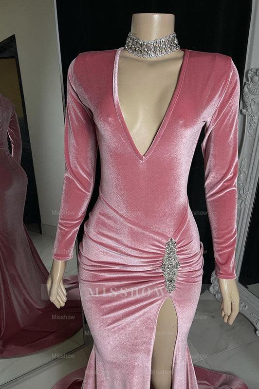 Red V-Neck Long Sleeve Rhinestone Ruched Mermaid Velvet Floor Length Evening Gown