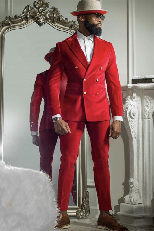 Red Velvet Double Breasted Peak Lapel Men’s Prom Suits