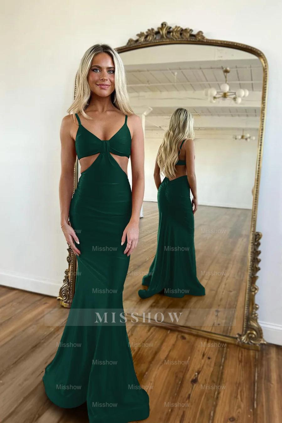 Red Waistless Sleeveless Tight Fitting Spaghetti Strap Mermaid Formal Dress