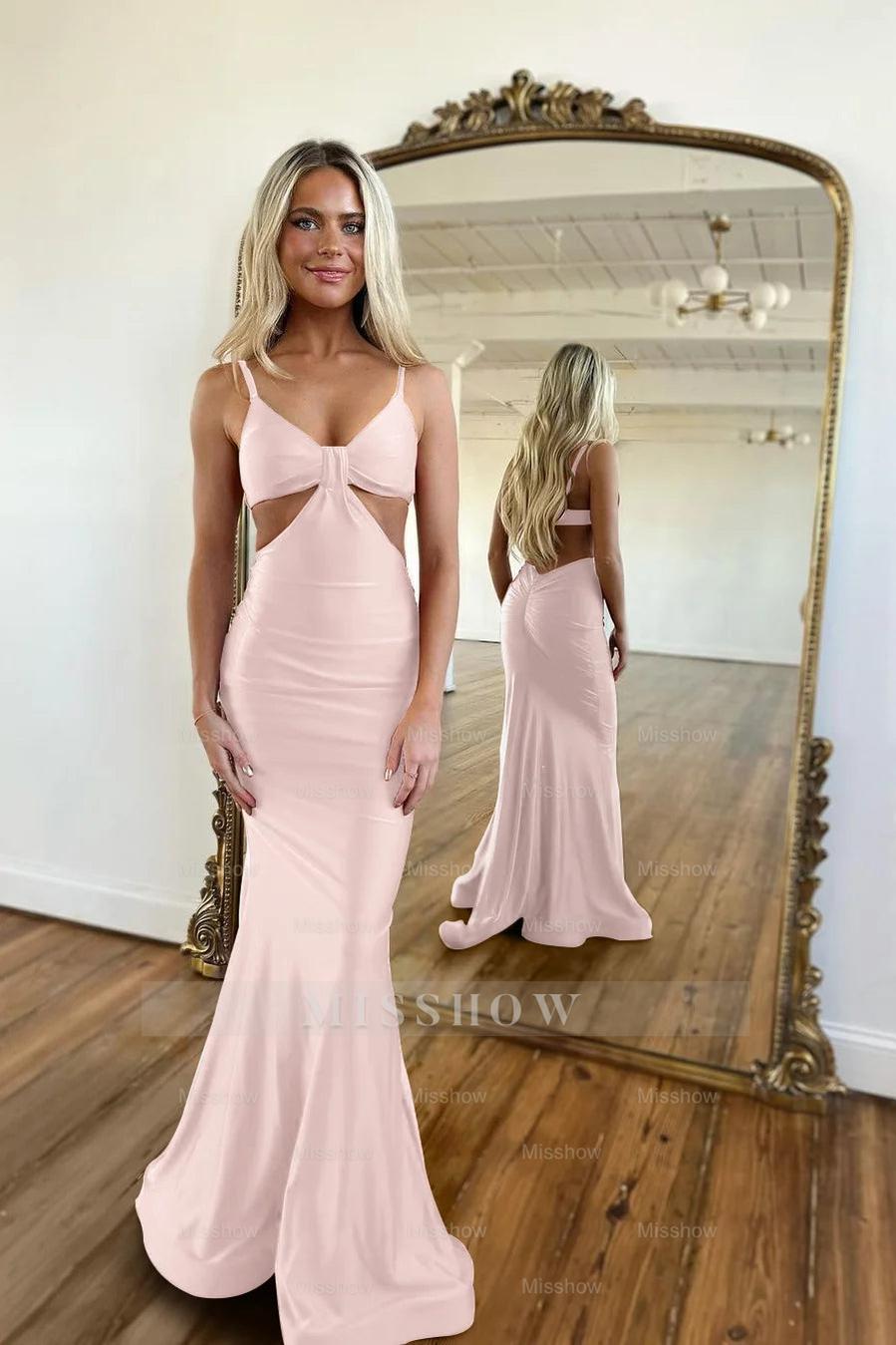 Red Waistless Sleeveless Tight Fitting Spaghetti Strap Mermaid Formal Dress