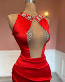 Red Sleeveless Column Beadings Stain Prom Dress with Split