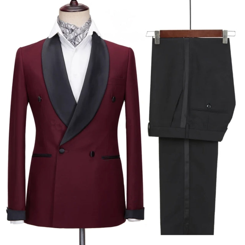 Refined Burgundy Shawl Lapel Double Breasted Wedding Suit