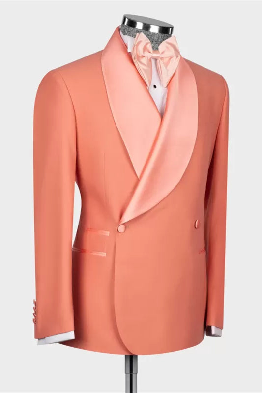 Refined Coral Shawl Lapel Double Breasted Wedding Suit