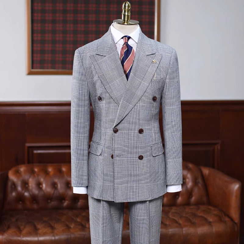 Refined Gray Checkered Peak Lapel Double-Breasted Business Suit