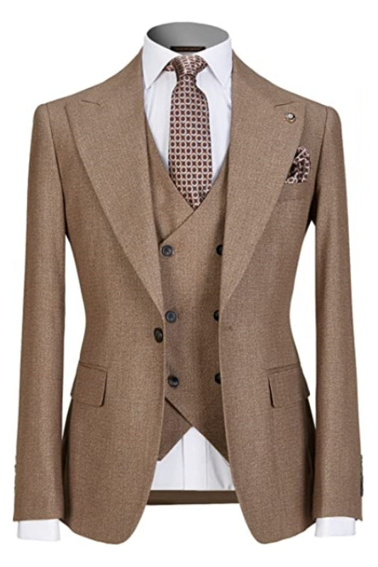 Refined Khaki Peak Lapel Three-Piece Business Suit for Men