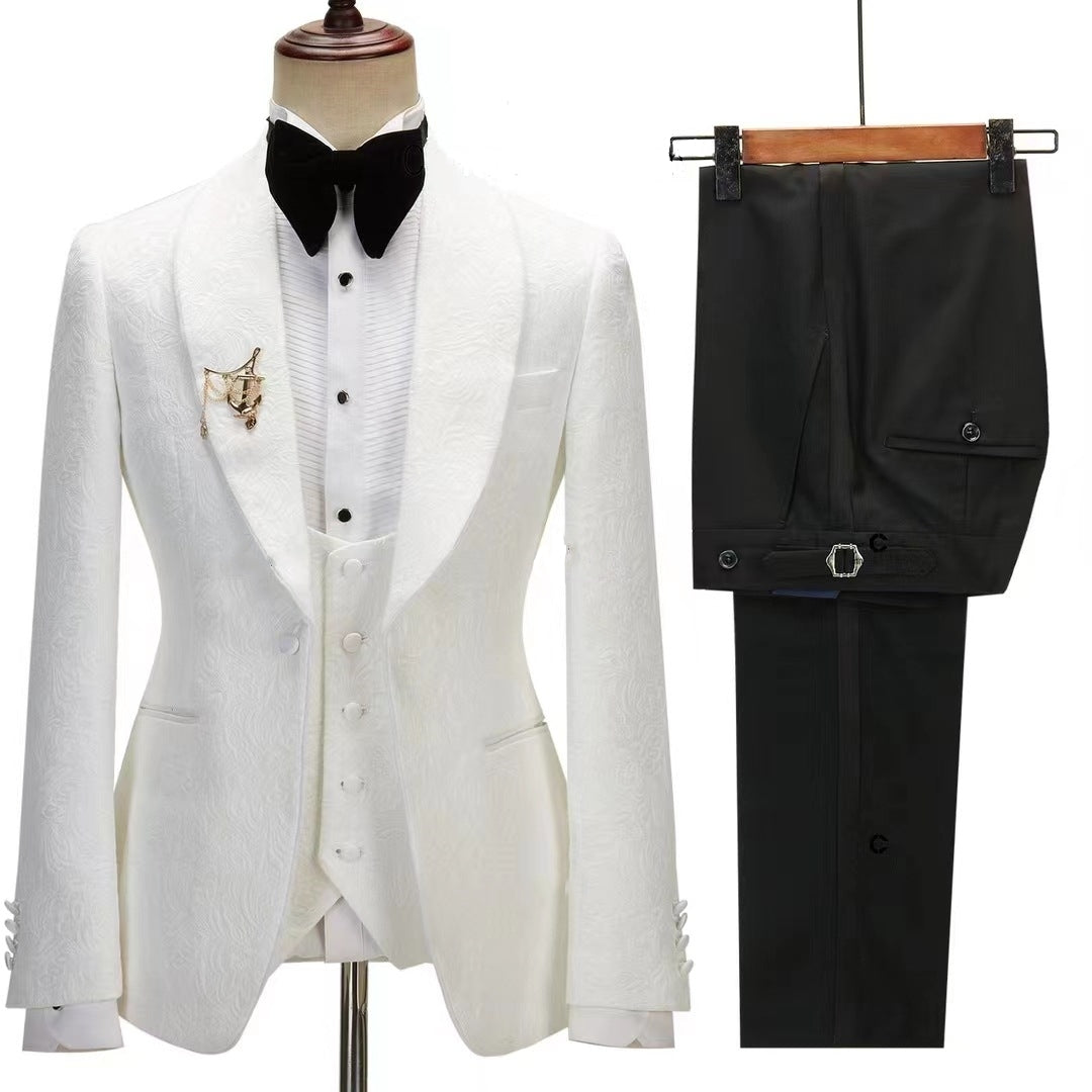 Refined White Jacquard Shawl Lapel Three-Piece Wedding Suit