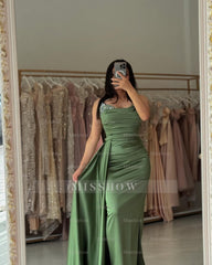 Refreshing Dusty Sage Off-The-Shoulder Long-Sleeve Mermaid Formal Dress with Panel Train