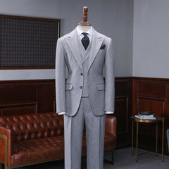Regular Gray Small Plaid Peak Lapel Two Button Business Suit
