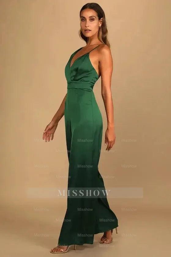Retro Emerald Green Satin Asymmetrical Wide-Leg Jump Suit