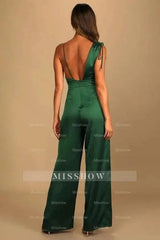 Retro Emerald Green Satin Asymmetrical Wide-Leg Jump Suit
