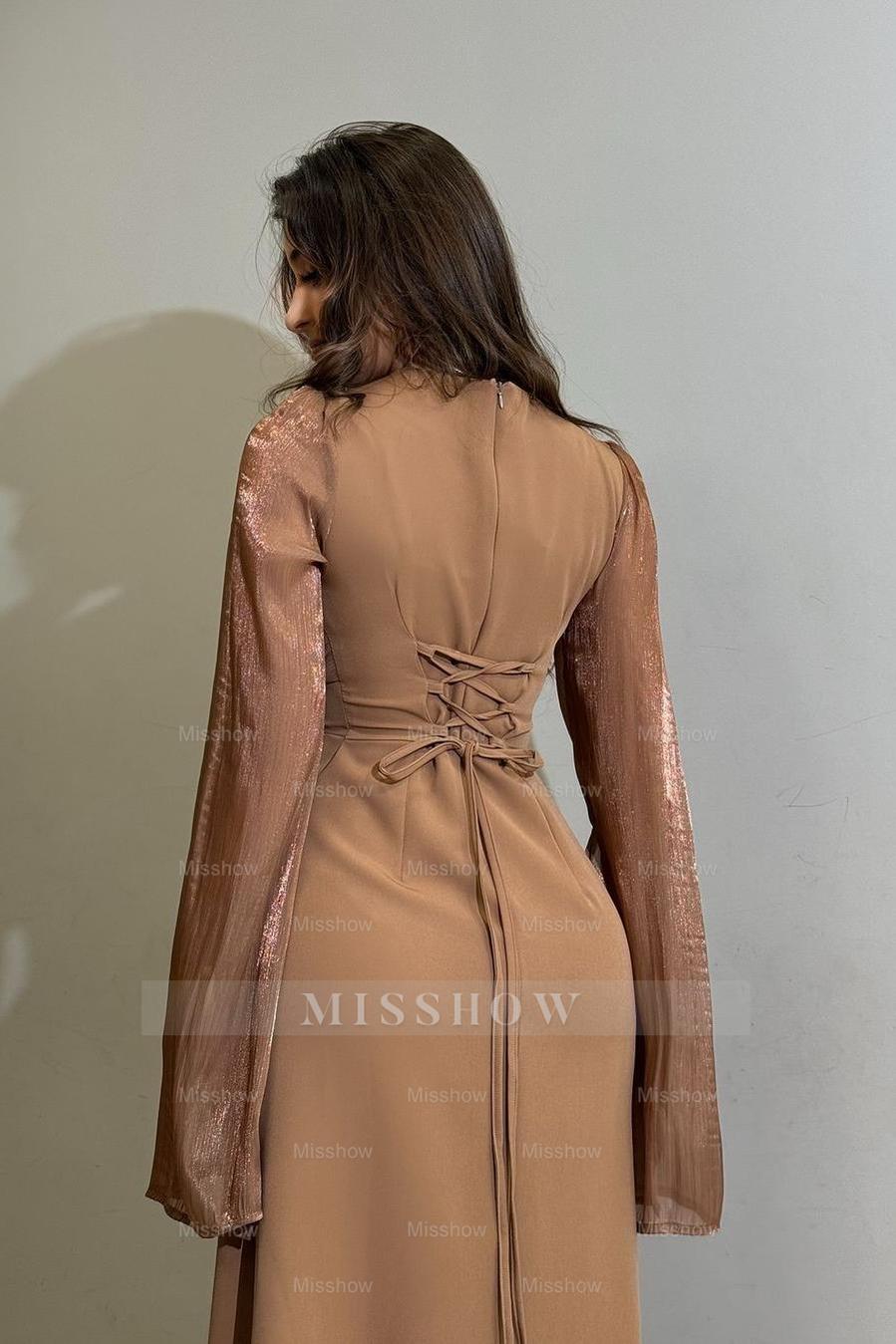 Rhinestone Camel High Neck Long Sleeve Lace-Up A-Line Chiffon Maxi Evening Dress