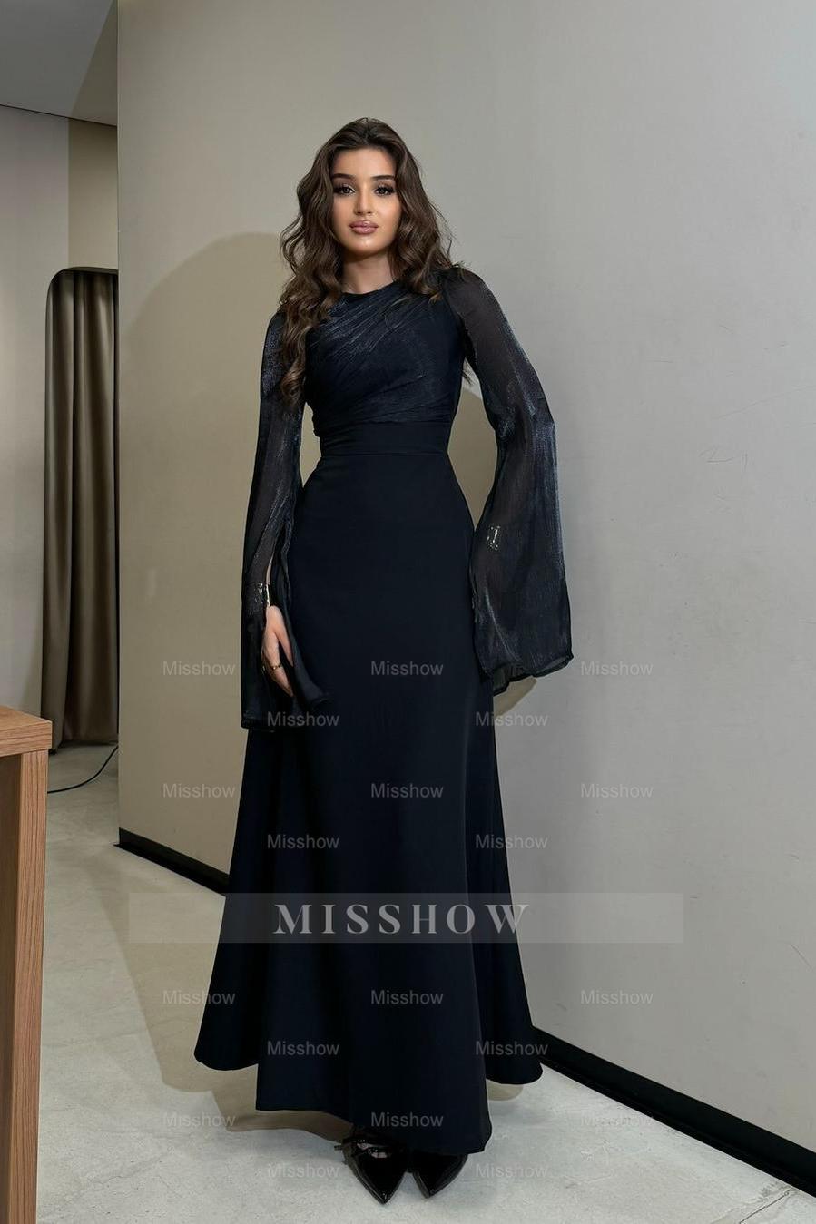 Rhinestone Camel High Neck Long Sleeve Lace-Up A-Line Chiffon Maxi Evening Dress