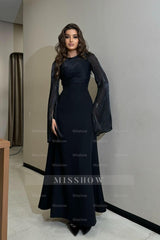 Rhinestone Camel High Neck Long Sleeve Lace-Up A-Line Chiffon Maxi Evening Dress