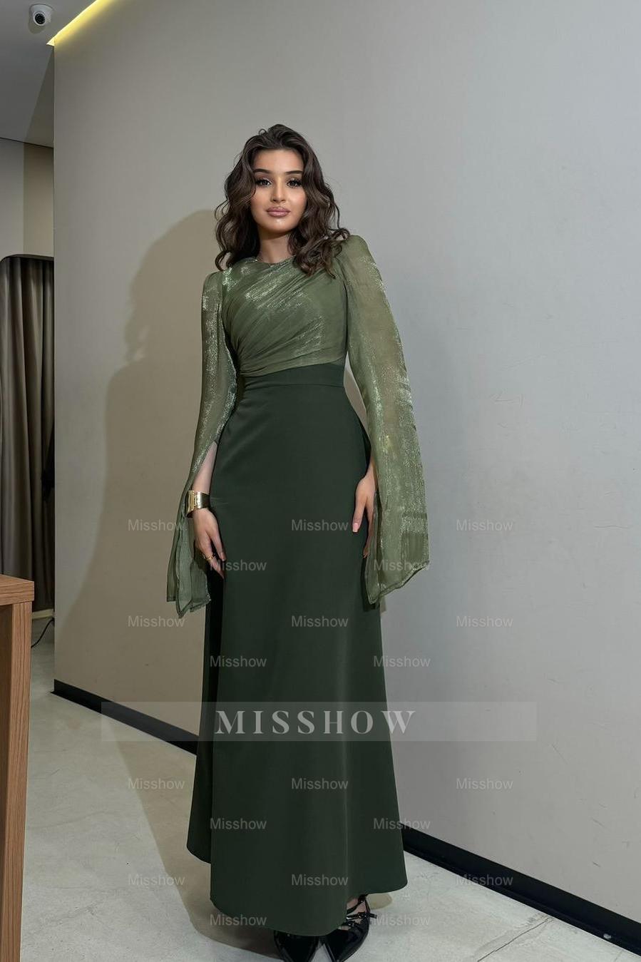 Rhinestone Camel High Neck Long Sleeve Lace-Up A-Line Chiffon Maxi Evening Dress
