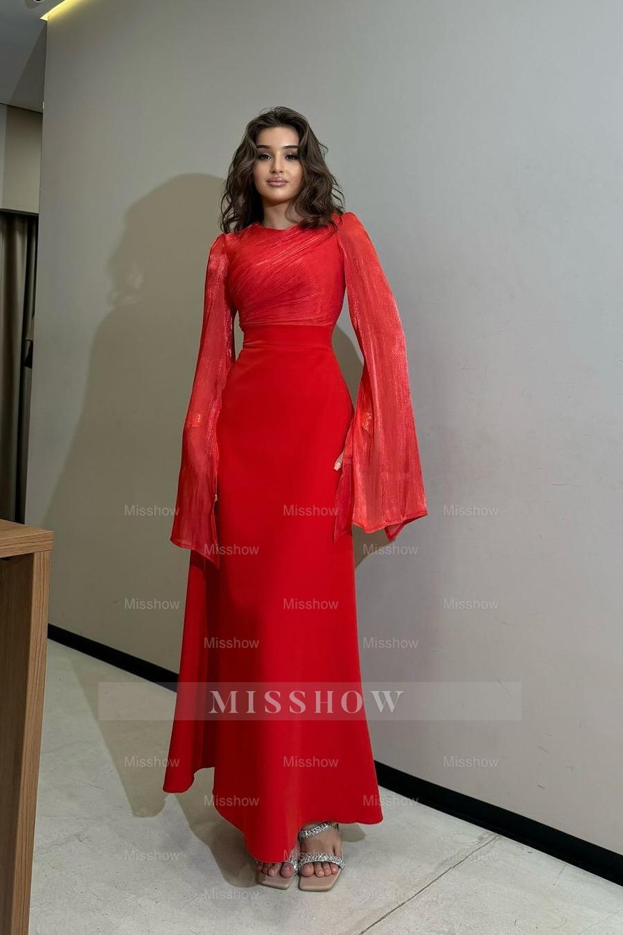 Rhinestone Camel High Neck Long Sleeve Lace-Up A-Line Chiffon Maxi Evening Dress