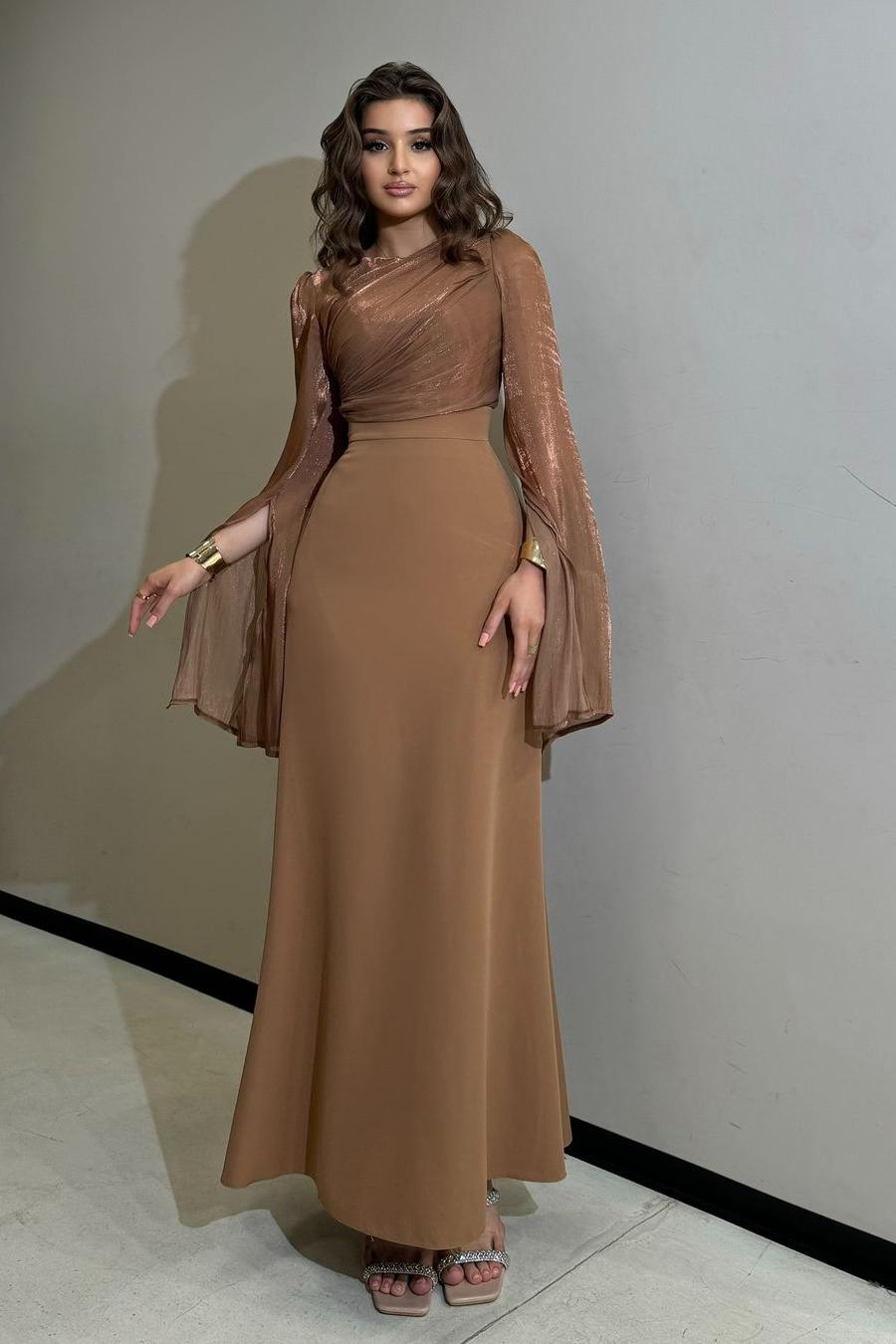 Rhinestone Camel High Neck Long Sleeve Lace-Up A-Line Chiffon Maxi Evening Dress