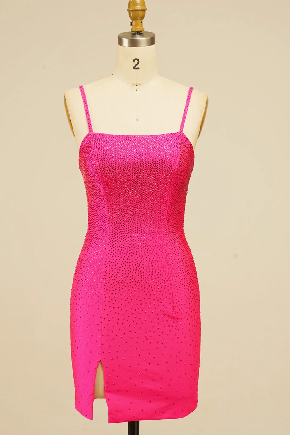 Rhinestone Spaghetti Straps All-Over Rhinestone Scatter Satin Lace-Up Open Back Front Split Bodycon Homecoming Dress Mini