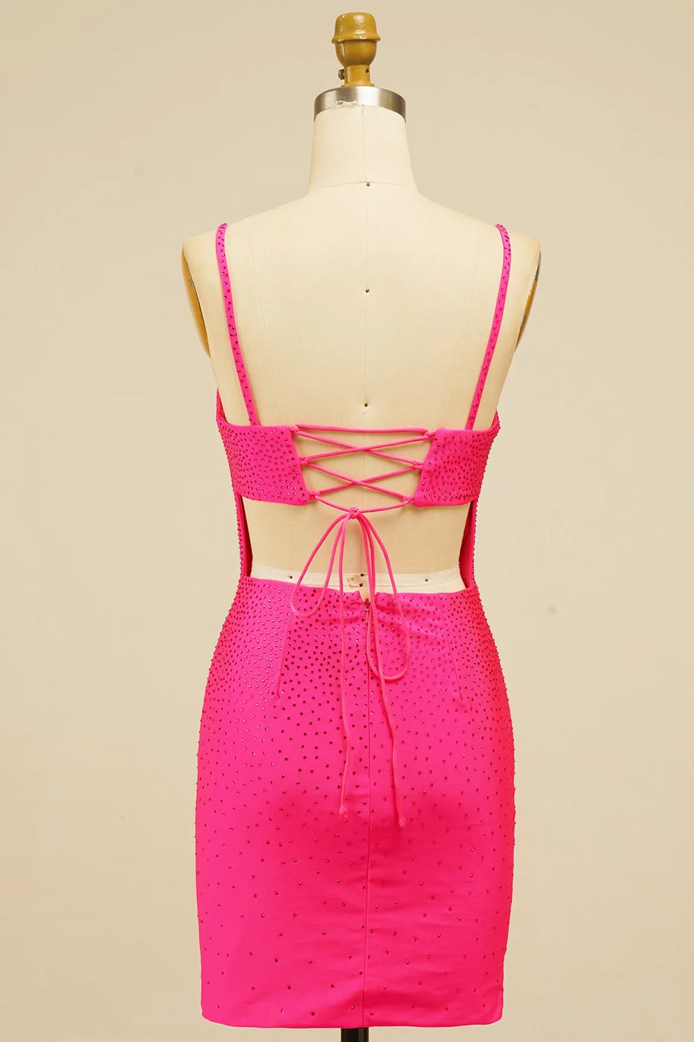 Rhinestone Spaghetti Straps All-Over Rhinestone Scatter Satin Lace-Up Open Back Front Split Bodycon Homecoming Dress Mini
