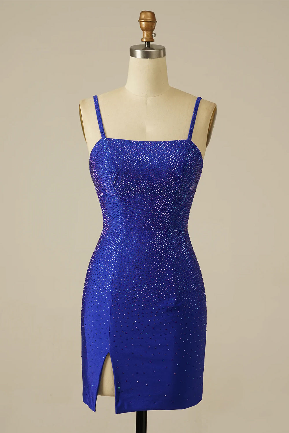 Rhinestone Spaghetti Straps All-Over Rhinestone Scatter Satin Lace-Up Open Back Front Split Bodycon Homecoming Dress Mini