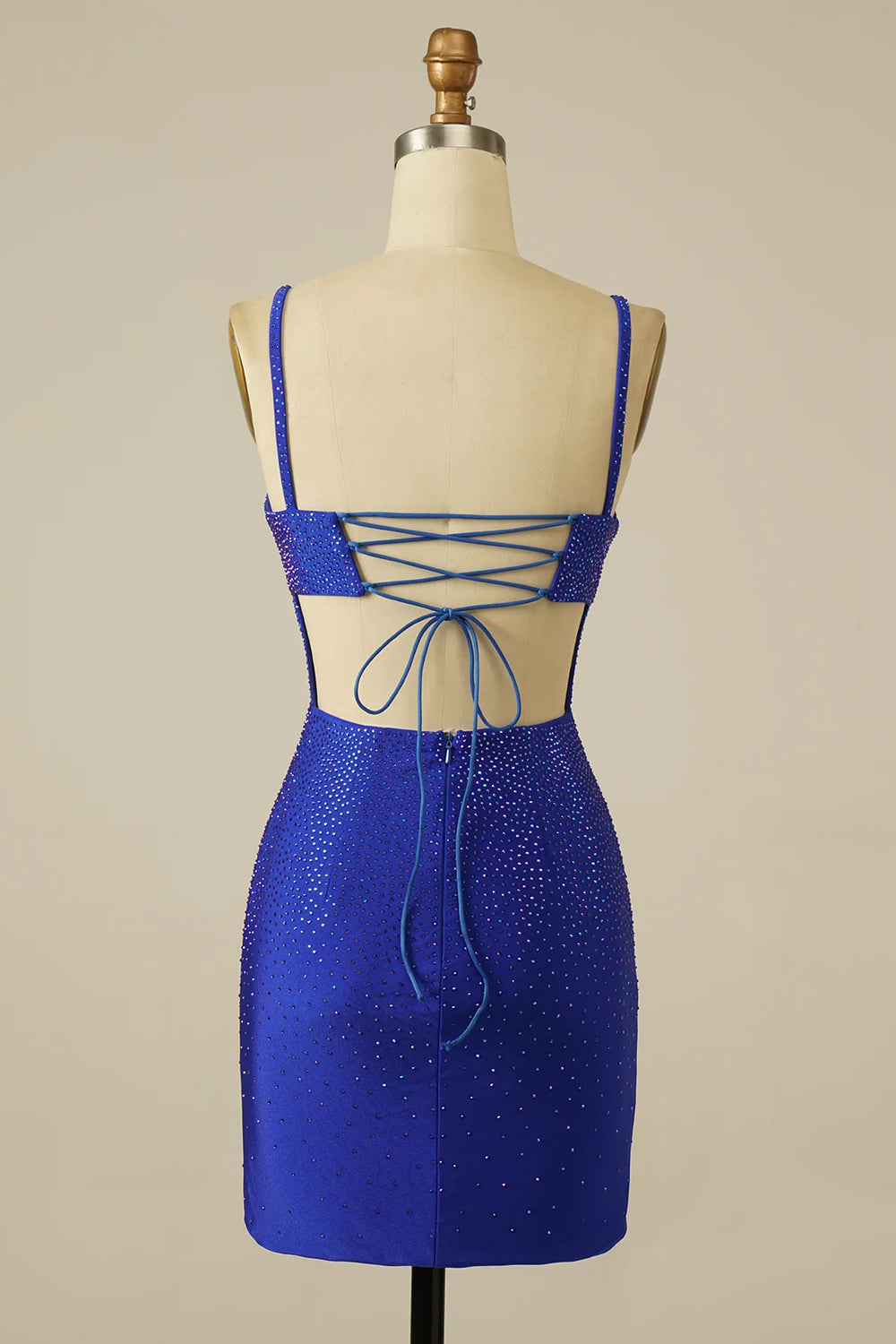 Rhinestone Spaghetti Straps All-Over Rhinestone Scatter Satin Lace-Up Open Back Front Split Bodycon Homecoming Dress Mini