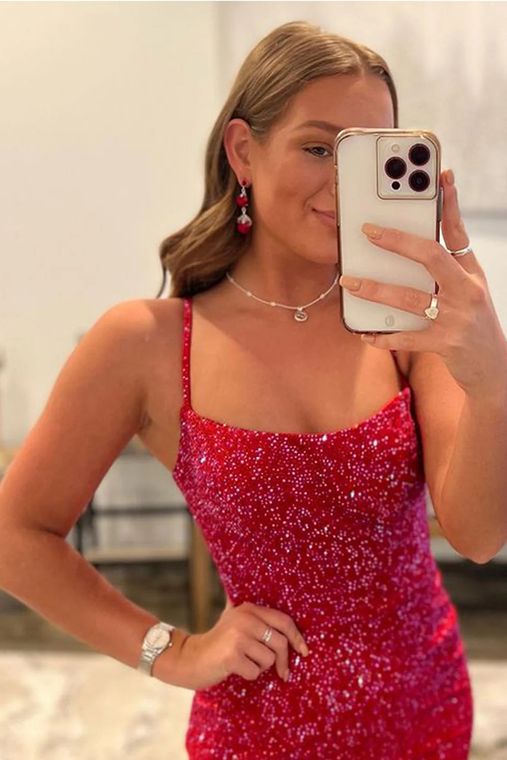 Rhinestone Spaghetti Straps All-Over Rhinestone Scatter Satin Lace-Up Open Back Front Split Bodycon Homecoming Dress Mini