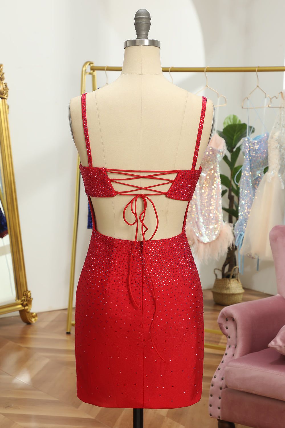 Rhinestone Spaghetti Straps All-Over Rhinestone Scatter Satin Lace-Up Open Back Front Split Bodycon Homecoming Dress Mini