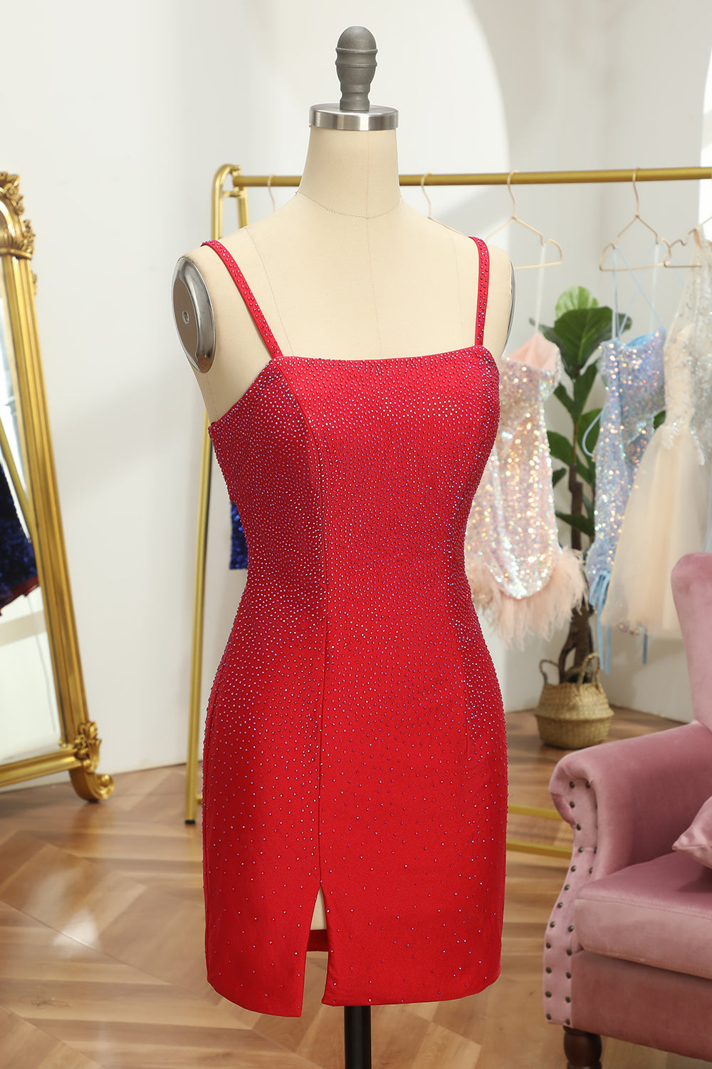 Rhinestone Spaghetti Straps All-Over Rhinestone Scatter Satin Lace-Up Open Back Front Split Bodycon Homecoming Dress Mini