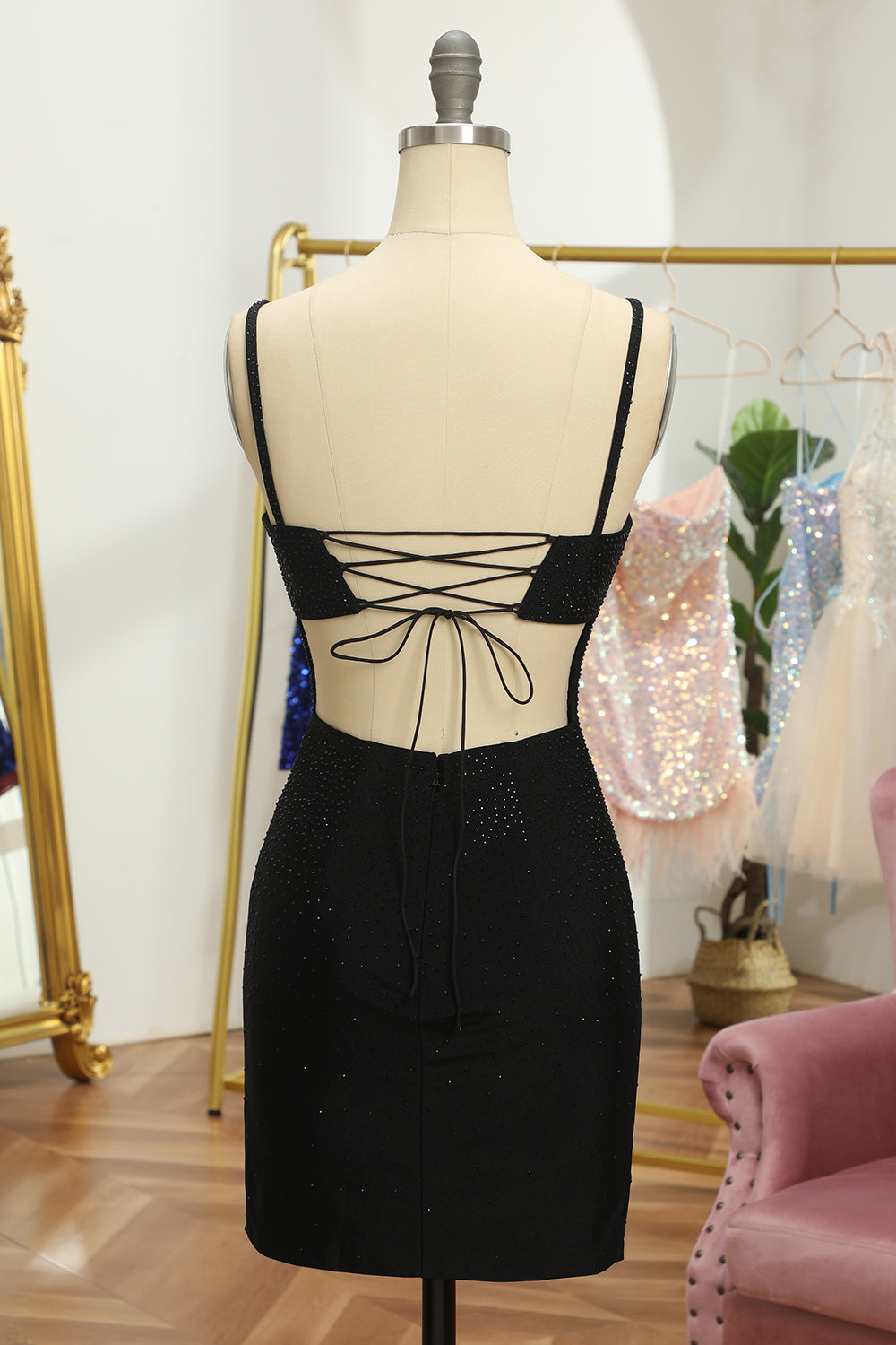 Rhinestone Spaghetti Straps All-Over Rhinestone Scatter Satin Lace-Up Open Back Front Split Bodycon Homecoming Dress Mini