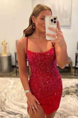 Rhinestone Spaghetti Straps All-Over Rhinestone Scatter Satin Lace-Up Open Back Front Split Bodycon Homecoming Dress Mini