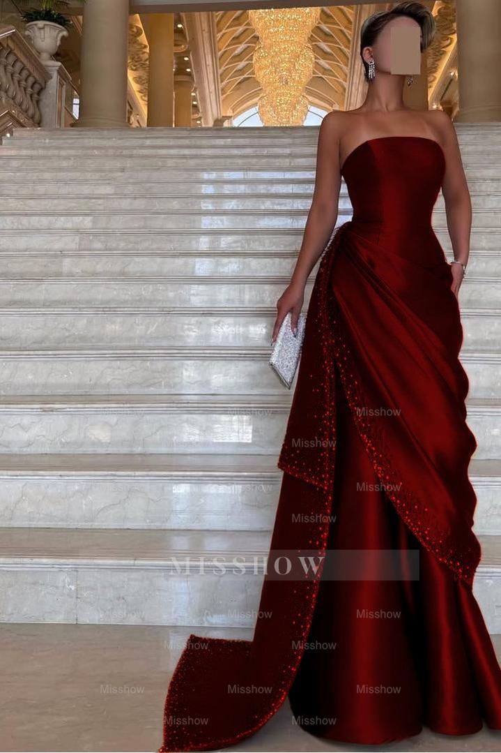 Rhinestone Strapless Sleeveless A-Line Pleated Beading Floor Length Formal Evening Gown