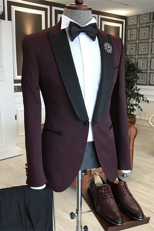 Rich Burgundy Peaked Lapel Two-Piece Trim Fit Prom Suit