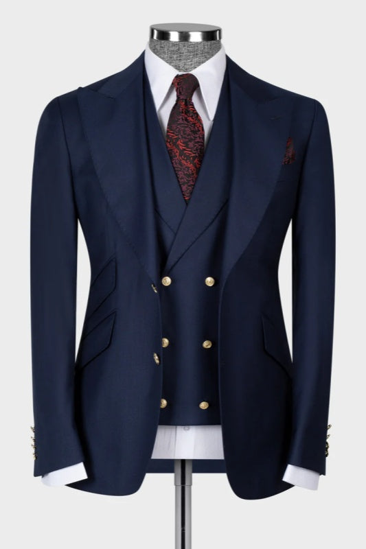 Rich Navy Peak Lapel Three Piece Business Wear