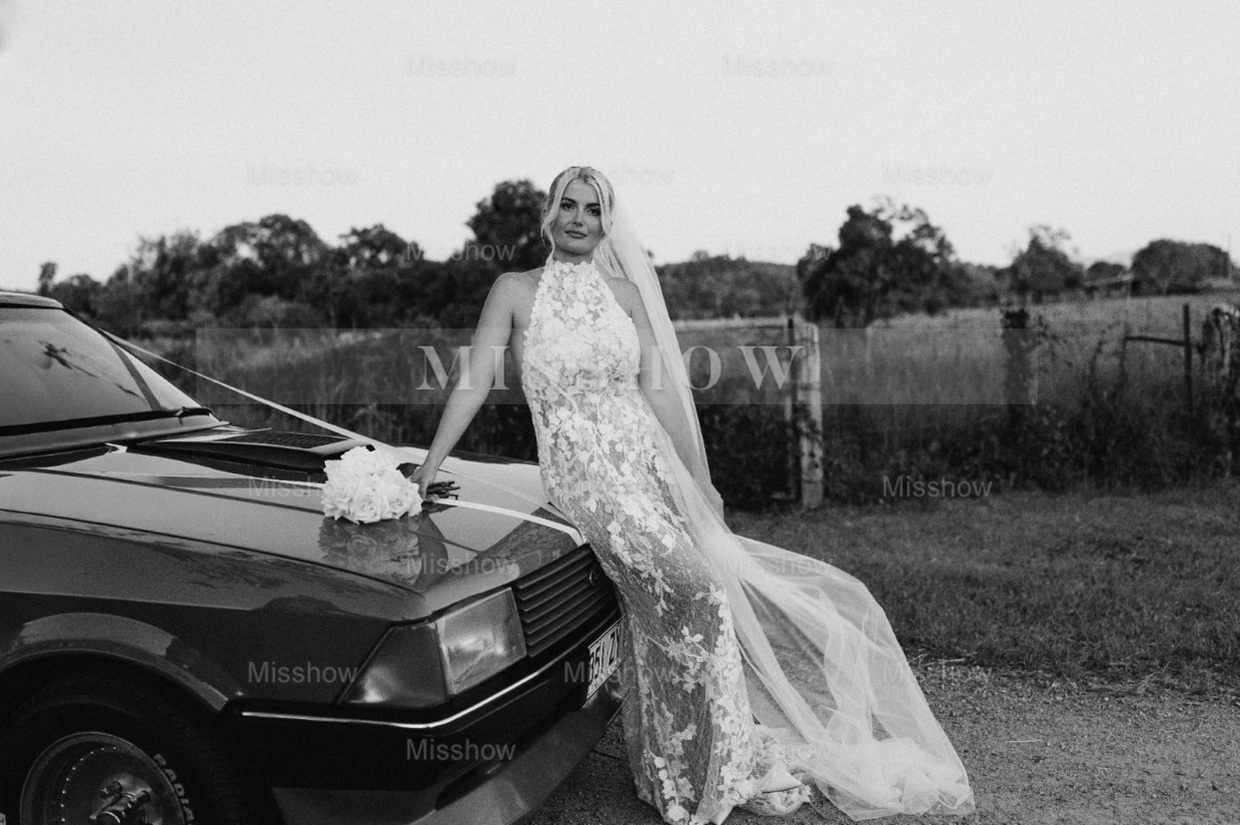 Romantic Long Champagne Halter A-line Backless Wedding Dress