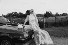 Romantic Long Champagne Halter A-line Backless Wedding Dress