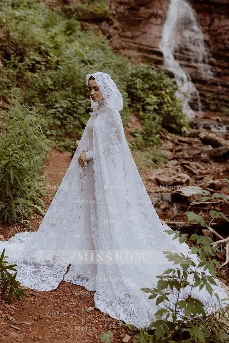 Romantic Long Mermaid White Lace Long Sleeves Backless Wedding Dress With Bridal Cape Romantic Long Mermaid White Lace Long Sleeves Backless Wedding Dress With Bridal Cape